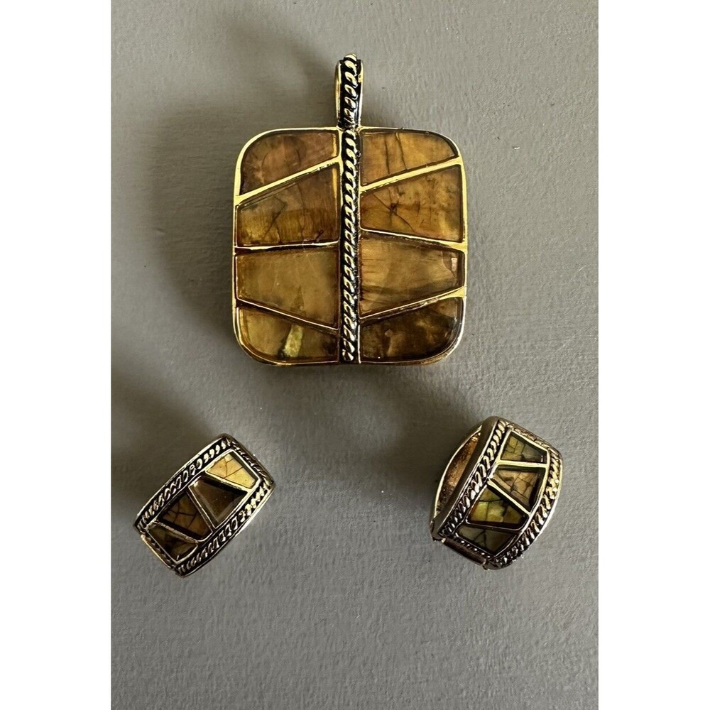 Vintage 1980 Monet Abalone Gold Tone Magnetic Hoop Clip On Earring & Pendant